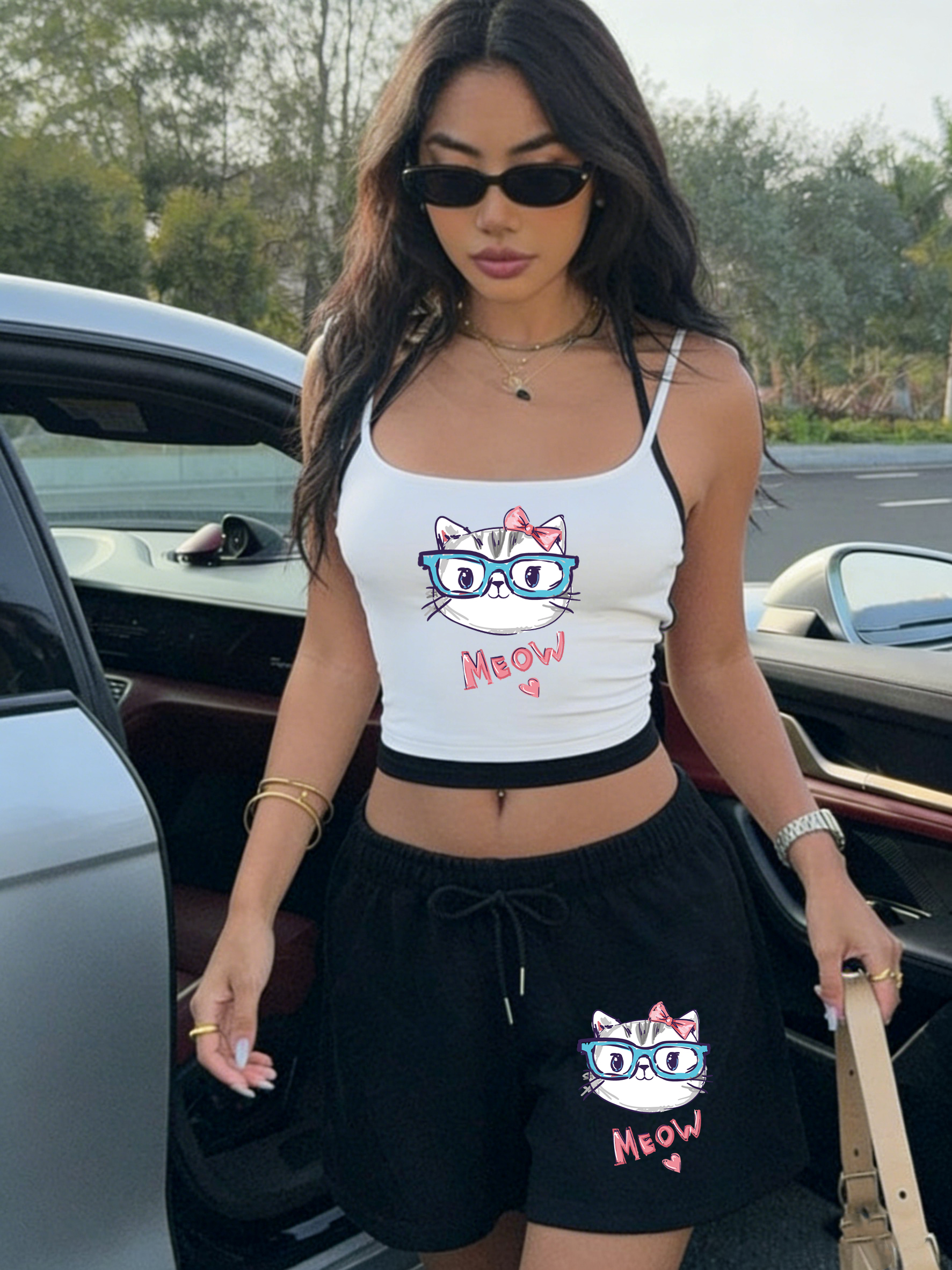 Meow Cute Bow Cat Print Crop T - Fitness & Nutrition Lab recensione e prezzo